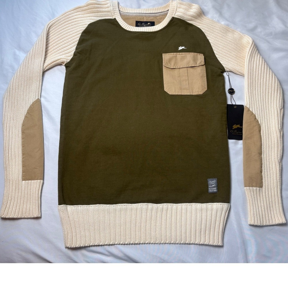 A. Tiziano Sweater Mens Small Green NWT Mixed Media Ribbed Elbow Patch Pocket